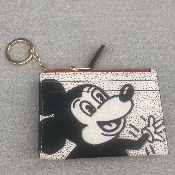 Coach Disney Mickey Mouse Keith Haring Mini Skinny ID Zip Case Chalk Leather - Picture 1 of 4